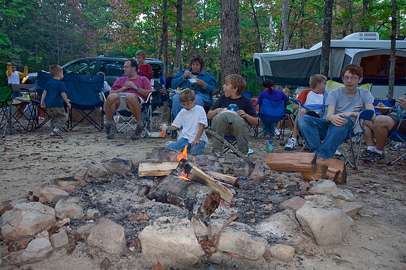 Potluck dinner around the campfire